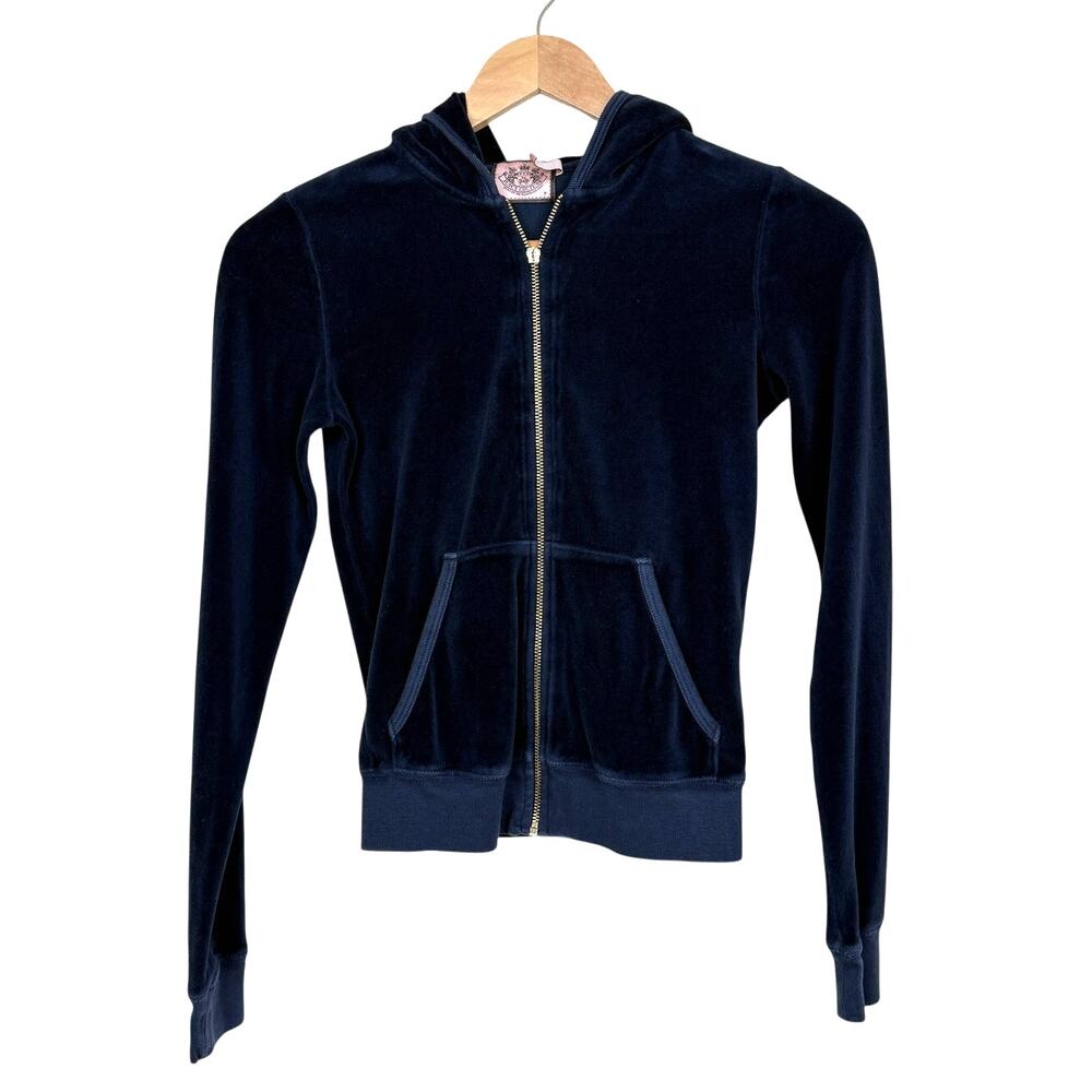 Juicy Couture Velour Hoodie Navy Zip Up Petite XS Tracksuit Jacket Loungewear